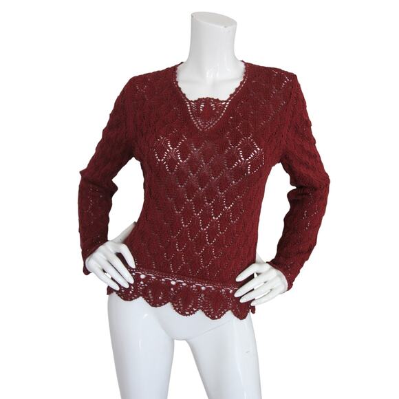 Peruvian Connection Sweater Pima Cotton Burgundy Crochet Pullover Size Small - Picture 1 of 7